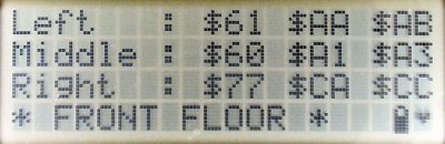 Minimum, current, and maximum front-floor sensor values on an LCD.