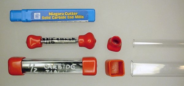 Top-Left: The manufacturer’s tube protects this Niagara Cutter Solid Carbide End Mill. Middle and Bottom: Individual plastic tubes protect drills, taps, and end mills. Cut-to-length plastic tubing and caps are available to make your own custom protective tubes.