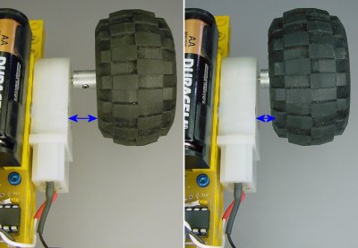 Most Lego wheel hubs are asymmetrical, meaning the distance between the wheel and motor depends on which side of the wheel faces inward. This photograph shows the same wheel pressed on as far as possible, but installed in the opposite orientation.