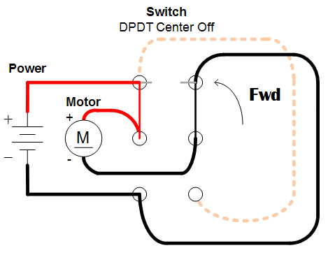Connections in a DPDT switch resulting in a motor going forward.