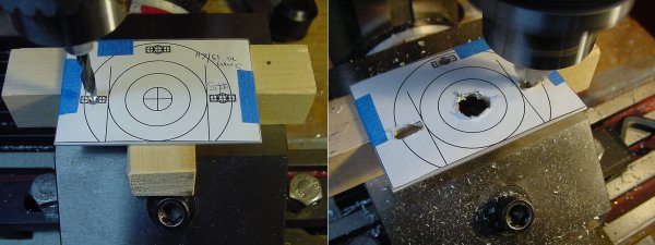 Angle stock mounted in a milling vise with support from wood stock. Left: Drilling holes (good). Right: Milling slots (bad).