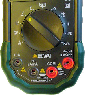 Light-up sockets in a multimeter make test probe connections easy for beginners