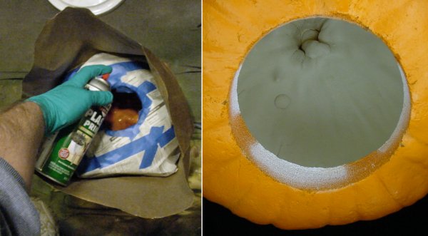 Left: Use rubber gloves when spray painting. Right: Inside of decorative pumpkin painted white.