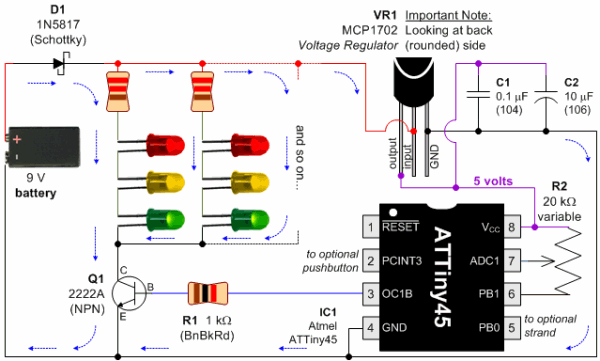 Schematic to control LED lighting with an Atmel ATTiny45 microcontroller.