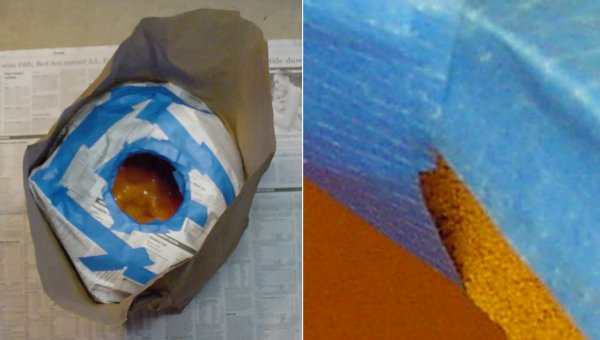 Left: Covering pumpkin with newspaper. Right: Close-up photo showing masking tape not sticking.