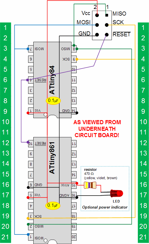 STK505 substitute adapter schematic for programming ATtiny84 and ATtiny861 microcontrollers. View from underneath circuit board.