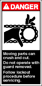 DANGER: Chain moving parts can crush and cut. Do not operate with guard removed. Follow lockout procedure before servicing.