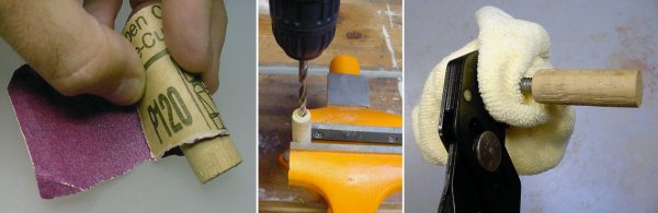Left and Middle: Sanding and drilling the dowel. Right: Screwing in the bent screw by gripping the machine-threaded end with RoboGrip pliers and a protective cloth.