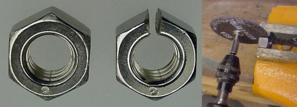 Left to right: Standard hex nut, a hex nut altered by cutting through one side, and a Dremel with a cut-off disc cutting the hex nut in a vise.