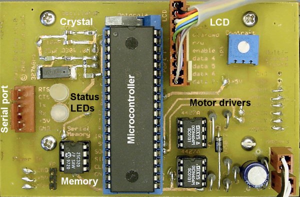 Microcontroller main circuit board with motor drivers.