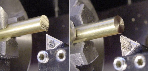 Cleaning up the end of a hacksaw-cut brass rod by facing it on a lathe.