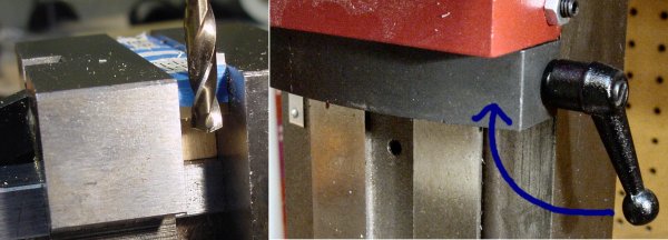 Scrap wood parallels are placed underneath the workpiece, the drill depth is checked, and then the milling/drilling stop is tightened.