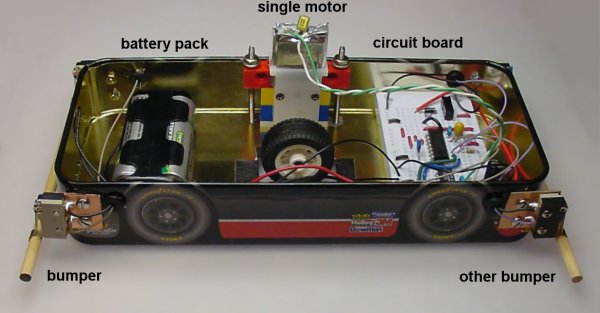 Side view of Flip-flop robot showing bumpers, battery pack, motor, and circuitry.