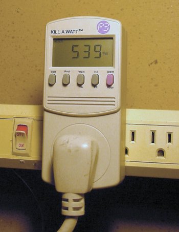 P3 Kill-A-Watt meter indicates the floor-height portable dehumidifier uses up to half a kilowatt of power.