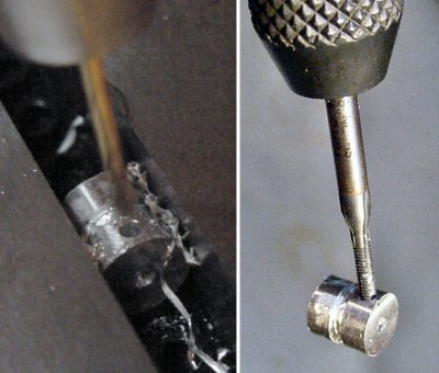 Drilling and tapping a setscrew hole for the aluminum LEGO hub replacement.