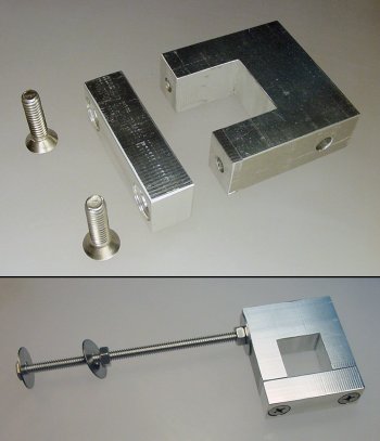 Baluster clamp with bolt and washers to connect to a flat board