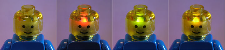 Bicolor LED inside Lego minifigure head showing off red green and yellow