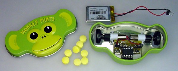 A robot made from a Monkey Mints candy container.
