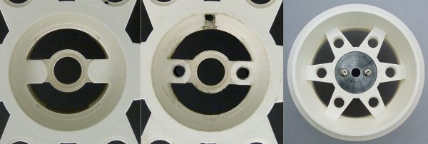 Left: Original center of LEGO wheel hub. Middle: Drilled and tap two screw holes with another hole vertically. Right: Aluminum coupler screwed into the center.