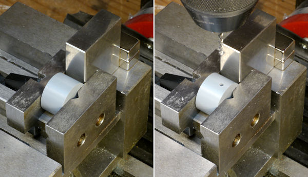 Drilling setscrew through center of cylinder positioned by magnet fixture