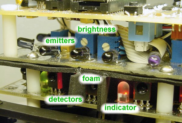 No.2’s robotic vision system consists of infrared emitters and detectors, with LED indicators and trimpots for testing and adjustment.