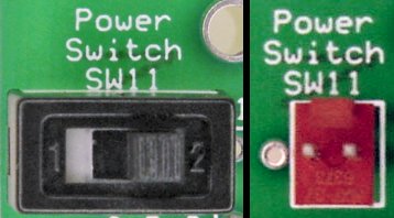 Left: Power switch installed directly. Right: Molex connector for off-board power switch