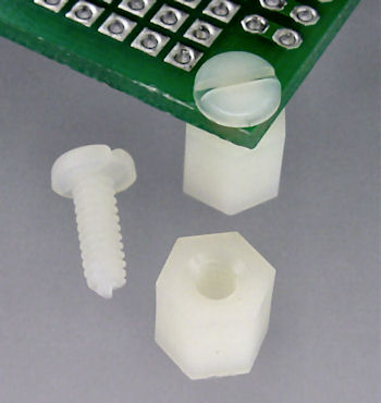 Nylon screw and hex tapped spacer for simple PCB feet.