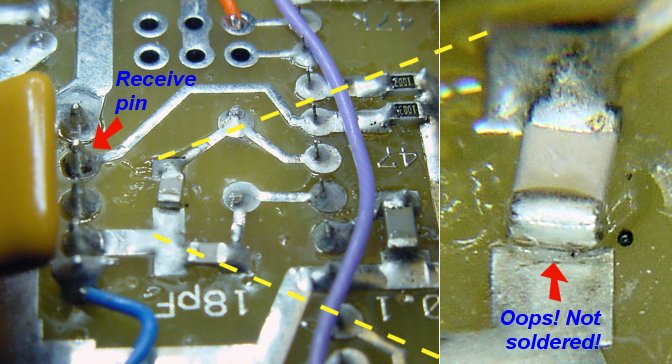 Oscillator crystal SMT capacitor not properly soldered.