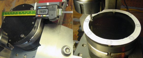 Left: Checking the diameter of a disc with calipers. Right: A paper template roughly aligns an end mill for machining the inner diameter.
