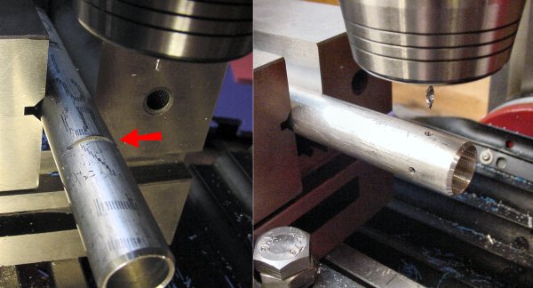 Milling motor cable slots and drilling set screw holes in a machining vise with a v-groove.