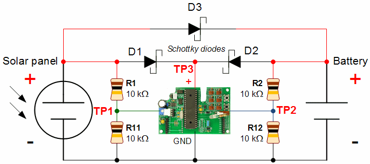 Schematic of solar panel charger circuit with voltage measurement